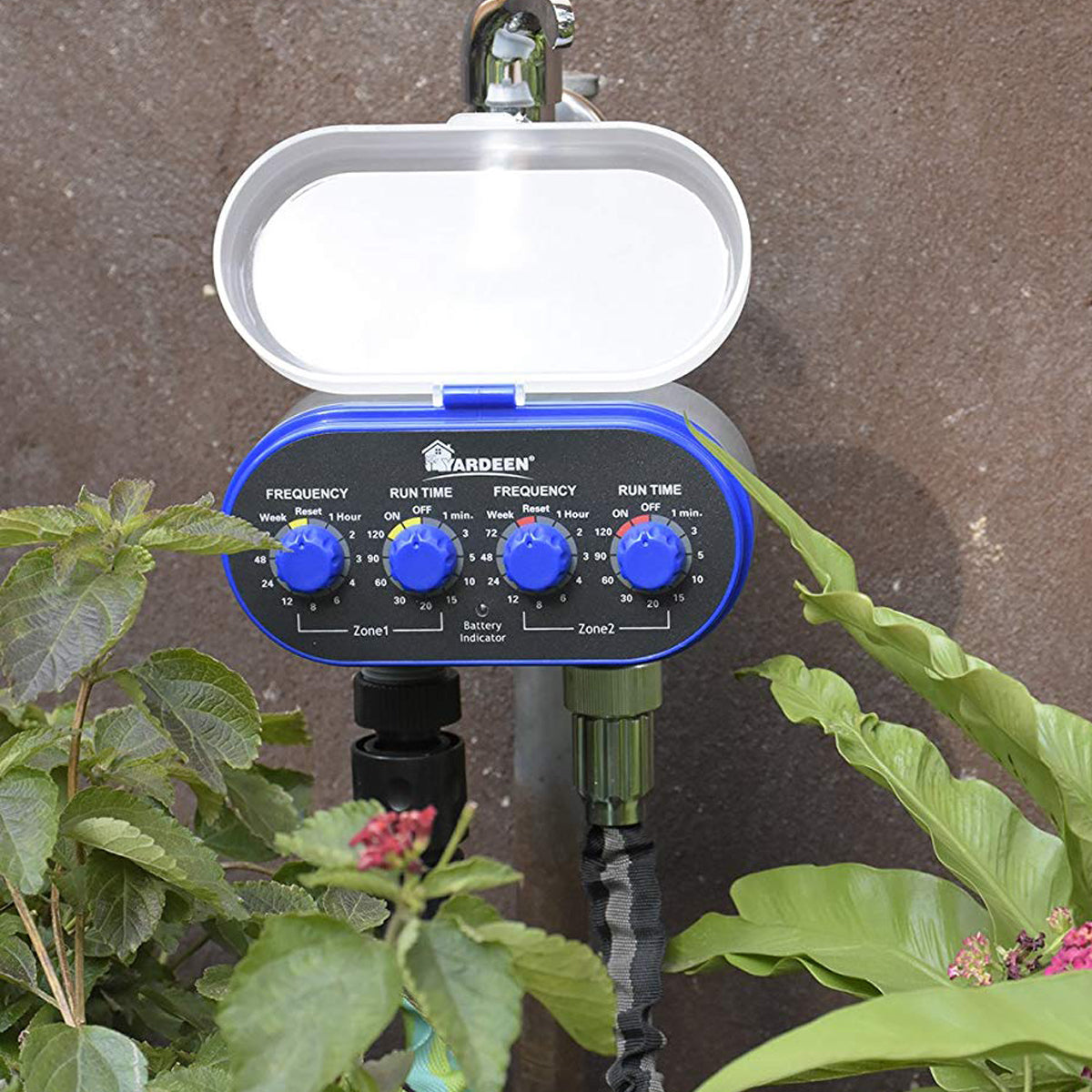 Yardeen Dual-Valve Hose Water Timer Sprinkler Timer Irrigation Controller Ball Valve, Blue