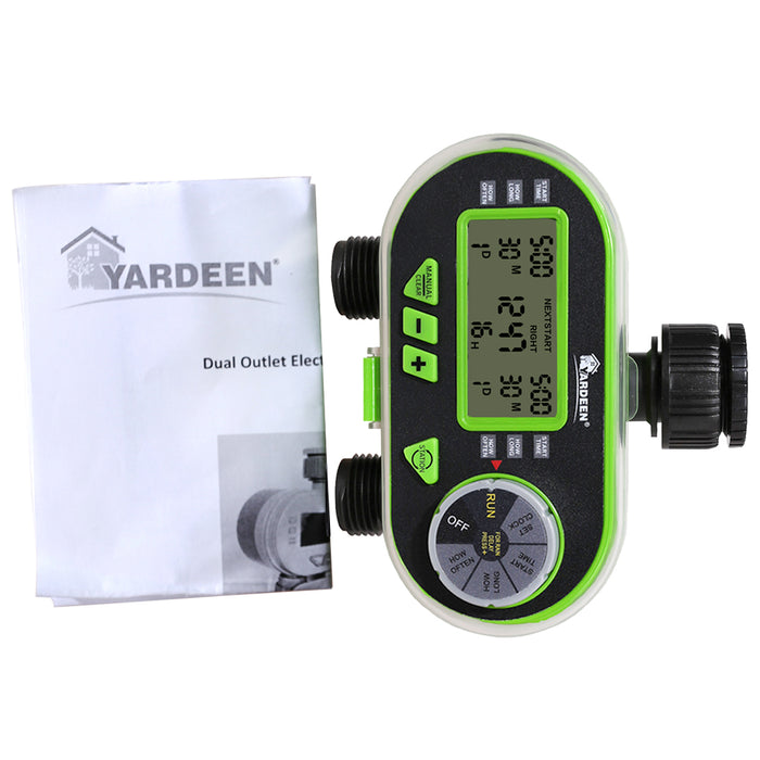 Yardeen 2 Outlet Garden Digital Electronic Water Timer Irrigation Controller for Garden Yard, Green