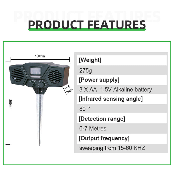 Eco-friendly Dog, Cat Repellent Dual Speaker Ultrasonic Repeller Animal Pest Control for Home,Garden,Lawn