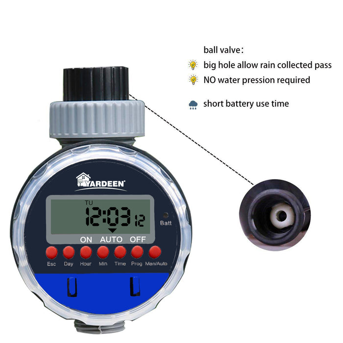 Yardeen Electronic Water Timer Garden Irrigation Controller Digital Intelligence Watering System LCD Waterproof, No Water Pressure Required