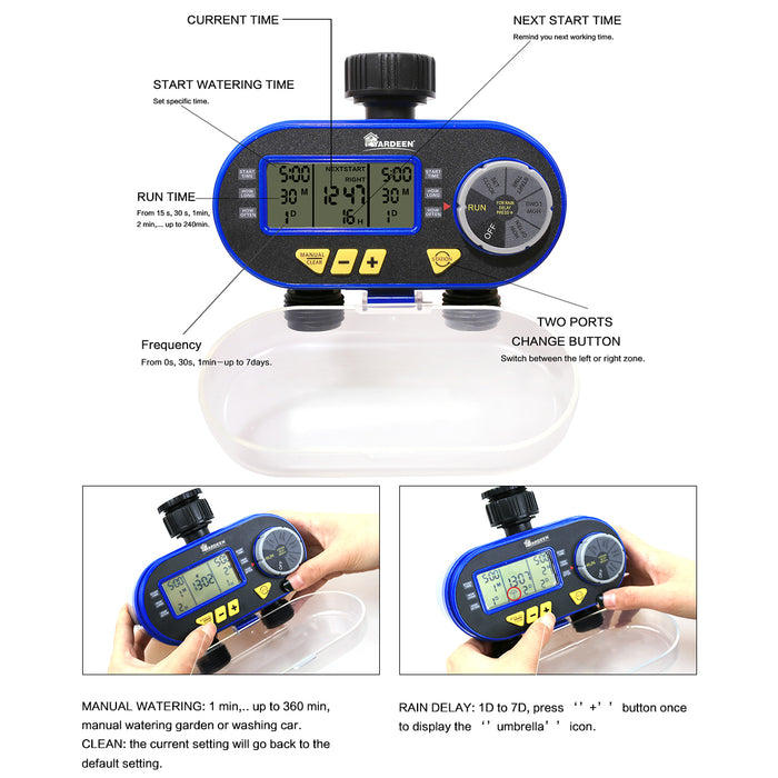 Yardeen Dual Outlet Electronic Water Timer Irrigation Controller System Color Blue